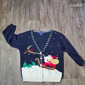 Norton McNaughton Petites Navy Santa Sleigh Ugly Christmas‎ Cardigan Sweater M